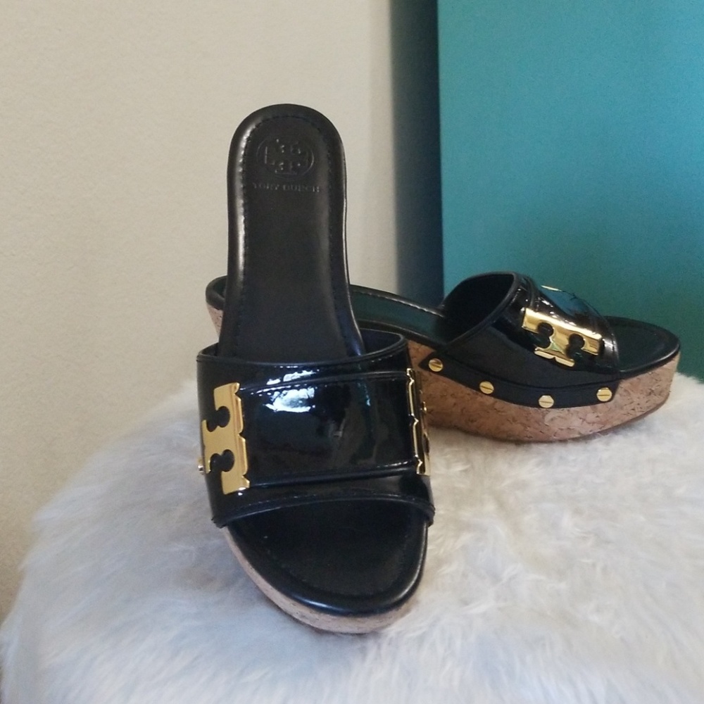 Tory Burch Pamela Black Cork Wedge Sz 9 1/2